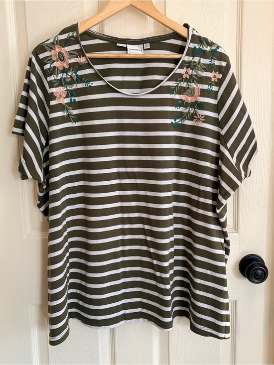 Junarose Tops - Junarose Olive & White Striped Crewneck Top with Floral Embroidery 3X